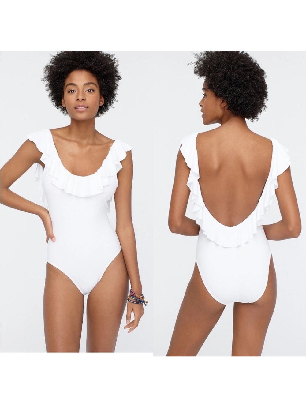 NWT J. Crew White Ruffle Trim Scoop Neck One Piece Swimsuit Womens Sz 16